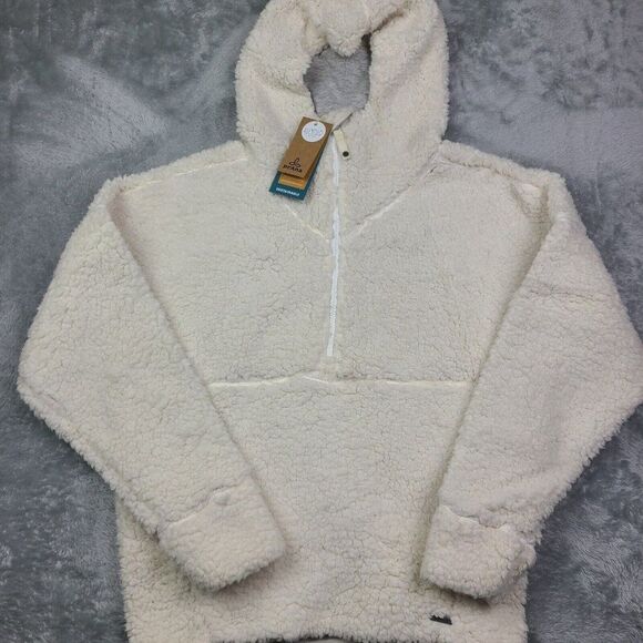 Prana Permafrost Half Zip Size Sm High Pile Hoodie Sweater Pocket Pullover Cream - Picture 1 of 15